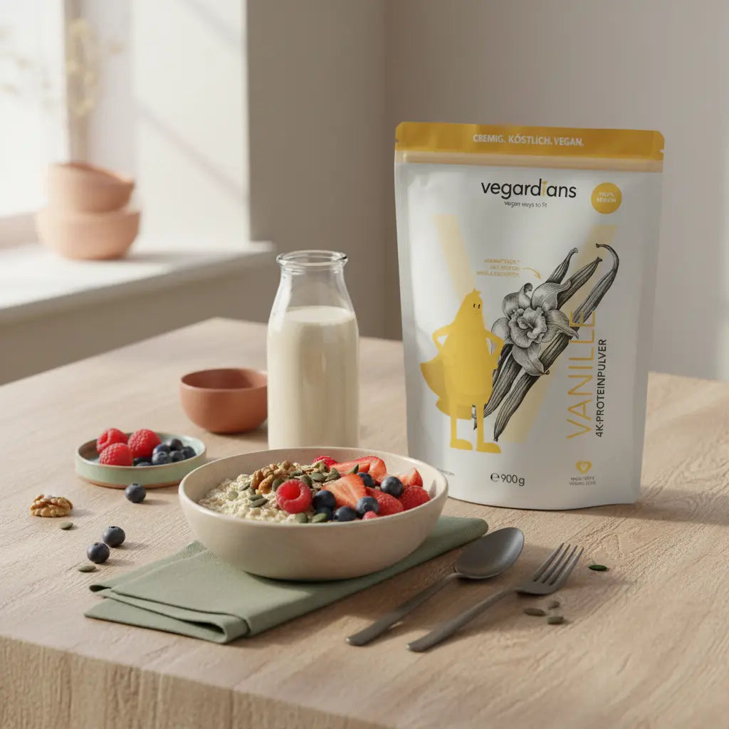 Minimalistische Morgenszene: pflanzliche Protein‑Schale, Proteinshake in Glasflasche und Vegardians‑Produkt auf Holztisch, ruhige Stimmung und natürliche Materialien – bauchfett reduzieren mann