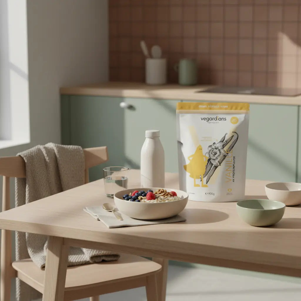 Minimalistische Morgenaufnahme eines nachhaltigen Holztischs mit veganer Hafer-Bowl, Beeren, Nüssen, Glas Wasser und pflanzlichem Shake; ruhige, erdige Farben – bauchfett schnell verlieren