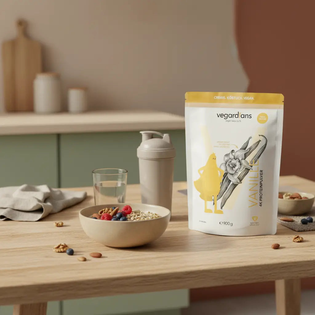 Minimalistische Frühstücksszene auf nachhaltigem Holztisch mit Hafer, Beeren, Nüssen, Glas Wasser, neutralem Shake‑Behälter und dem Produkt aus den Referenzfotos – bauchfett.