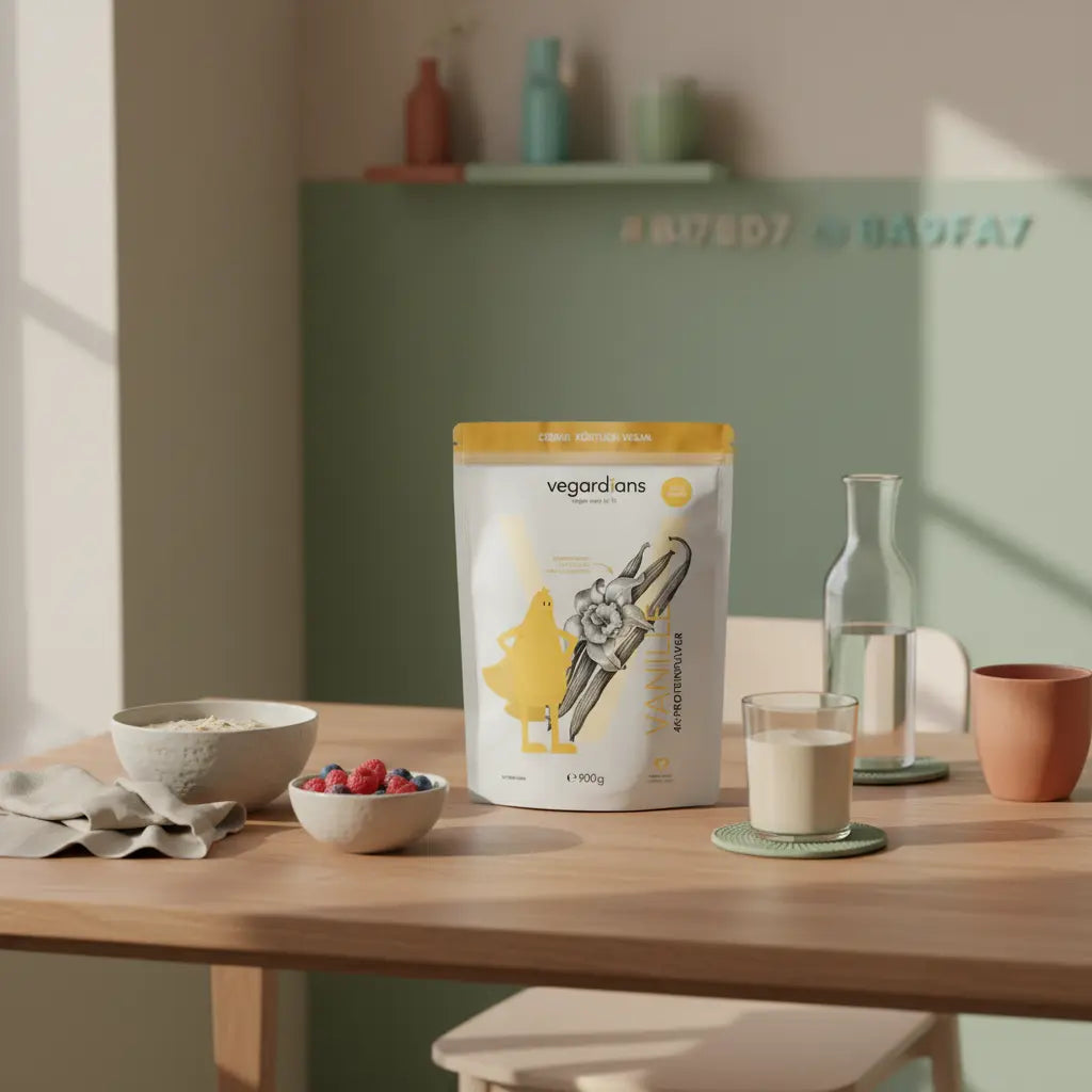 Minimalistische Morgenküche mit Haferflocken, Beeren und pflanzlichem Proteinshake auf nachhaltigem Holztisch – Konzept: bauchfett verlieren