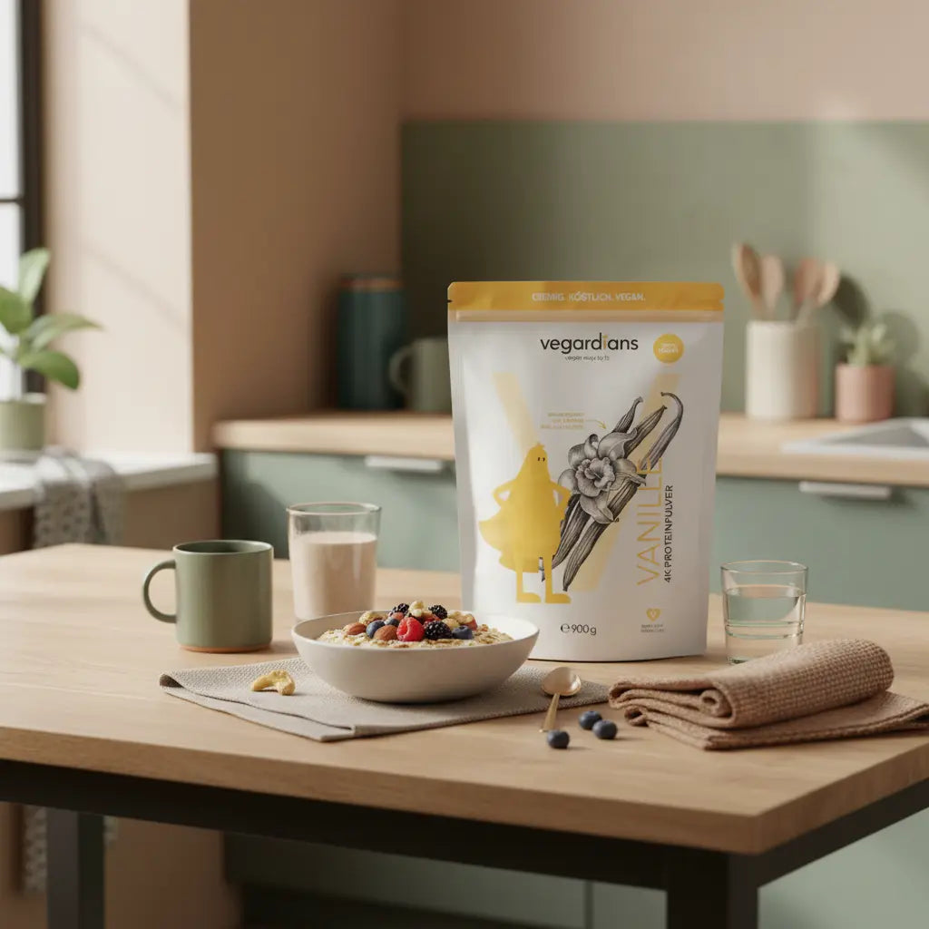 Veganer Protein-Porridge mit Nüssen, Beeren und Shake auf nachhaltigem Holztisch im Morgenlicht – ruhige Frühstücksszene zum bauchfett verlieren