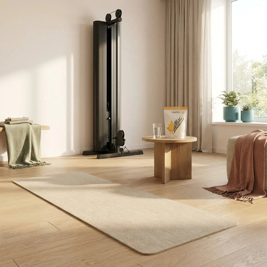 Minimalistisches Fitnessstudio bei Morgenlicht mit Yogamatte, Kabelmaschine und Glas Wasser neben Vegardians-Produkt auf Tisch – Thema Bauchmuskeln Geräte.