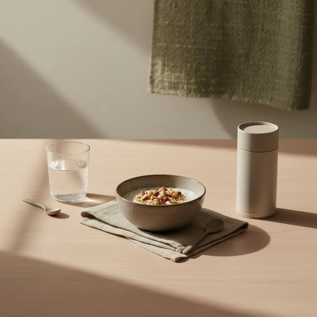 Minimalistisches Morgenfrühstück auf Holztisch mit Hafer-Joghurt, Glas Wasser und verschlossenem Protein-Shake (Das Produkt aus den Referenzfotos), ruhige erdige Farbpalette – bauchmuskelübungen zuhause