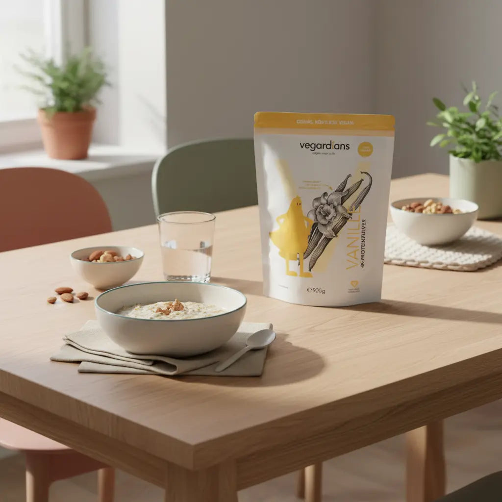 Minimalistische Morgenszene mit Haferflocken, Nüssen, Wasserglas und geschlossenem Supplement-Glas auf Holztisch in erdigen Tönen, bauchtraining ab 50