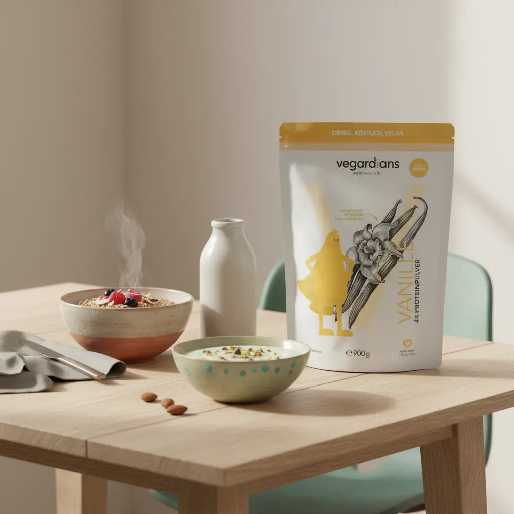 Minimalistische europäische Frühstücksszene mit Haferbrei, Nüssen, Joghurt-Alternative und Shake auf nachhaltigem Holztisch im Morgenlicht – beste Diät 2025