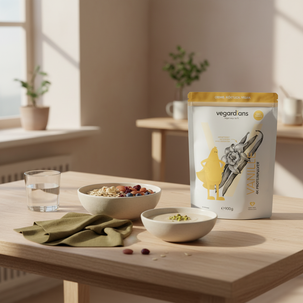 Sanfte Morgen-Szene mit nachhaltigem Holztisch, Müsli, Nüssen, Beeren und cremigem Proteinshake – ideal für die beste Diät zum Abnehmen