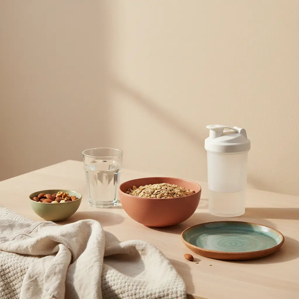 Minimalistisches Küchenstillleben mit Hafer‑Hanf‑Müsli, Wasser, Nüssen und Protein‑Shaker – beste Nahrungsergänzungsmittel zum Abnehmen, ruhige Vegardians-Ästhetik