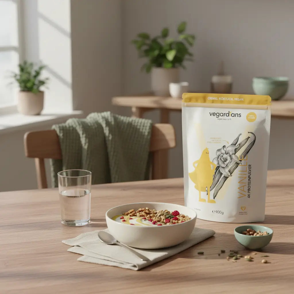 Minimalistische Morgenstimmung: nachhaltiger Holztisch mit veganer Proteinschale, Wasserglas und Supplement-Produkt in klarer Komposition – beste supplements muskelaufbau