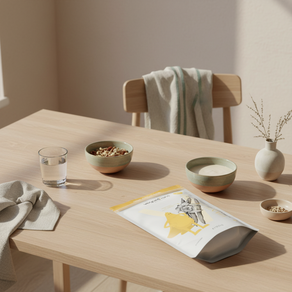 Minimalistisches Morgenfrühstück in Europäischer Küche mit Holztisch, Müsli, Nüssen und veganem Shake – ruhige Szene, nährend und unterstützend beim Bierbauch reduzieren.