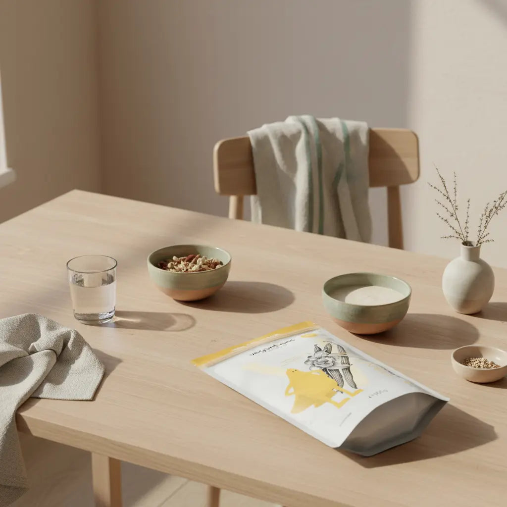 Minimalistisches Morgenfrühstück in Europäischer Küche mit Holztisch, Müsli, Nüssen und veganem Shake – ruhige Szene, nährend und unterstützend beim Bierbauch reduzieren.