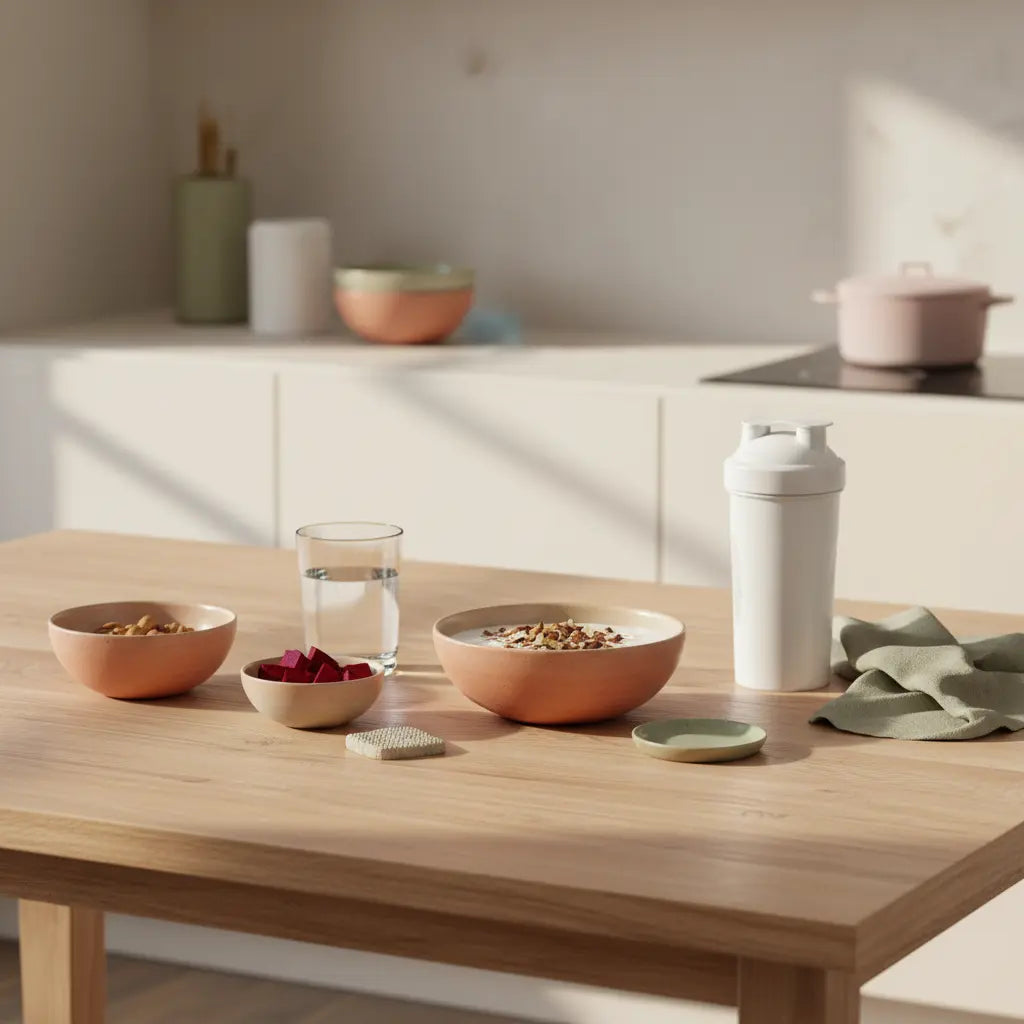 Minimalistische Küchenaufnahme: nachhaltiger Holztisch mit Wasserglas, Keramikschalen mit Haferflocken, Nüssen, Rote‑Bete und auslaufsicherem Shaker – c4 pre workout wirkung