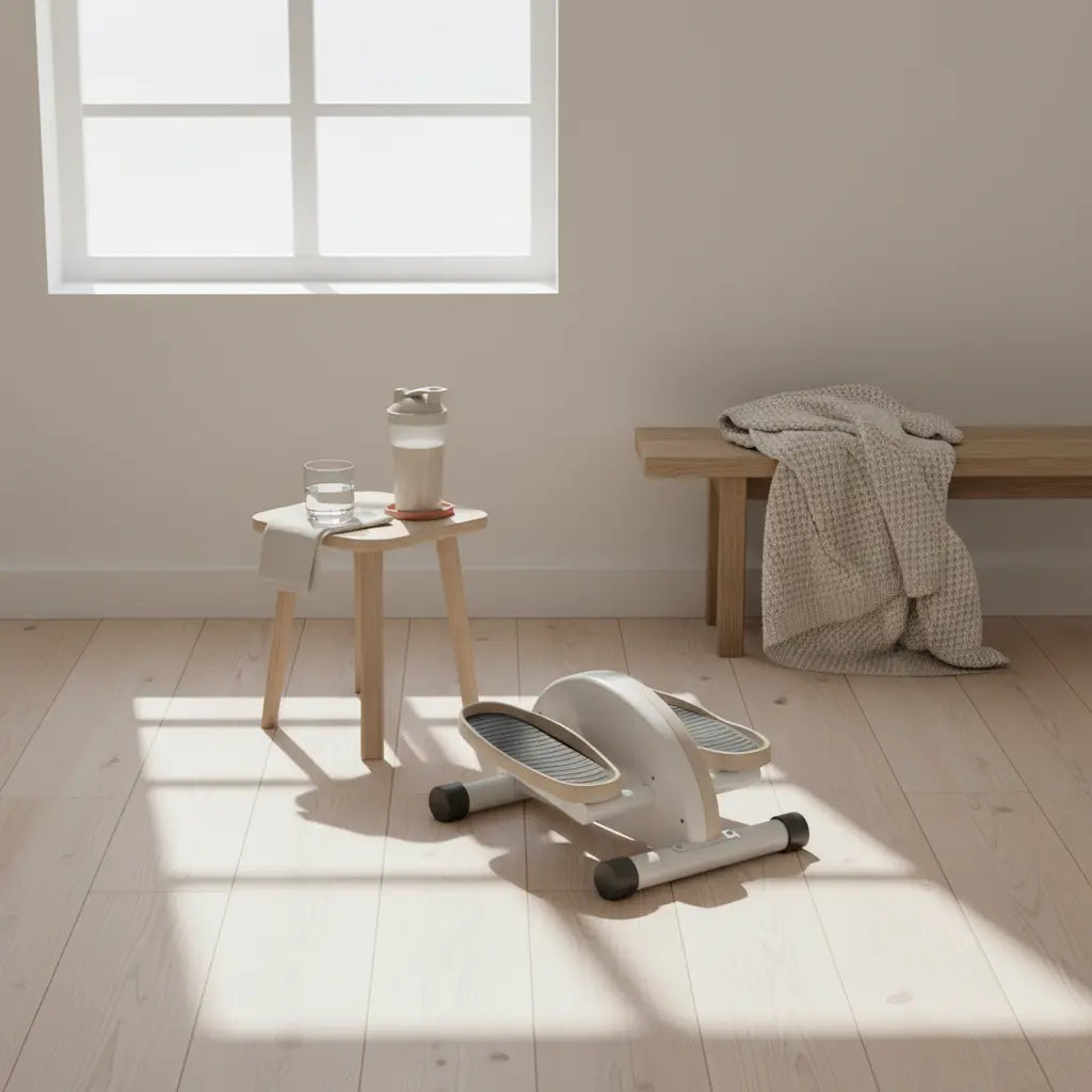 Cardio-Twister auf Holzfußboden im Morgenlicht, minimalistisches Heimtraining mit Glas Wasser und veganem Shake, ruhige beige-salbei-terrakotta Ästhetik