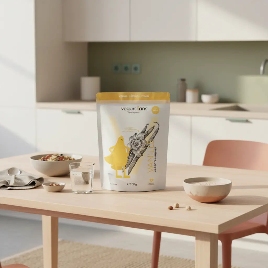 Minimalistische Küchenszene mit veganer Müsli-Schale, Glas Wasser und Vegardians-Produkt auf Tisch im warmen Morgenlicht – cardio zuhause