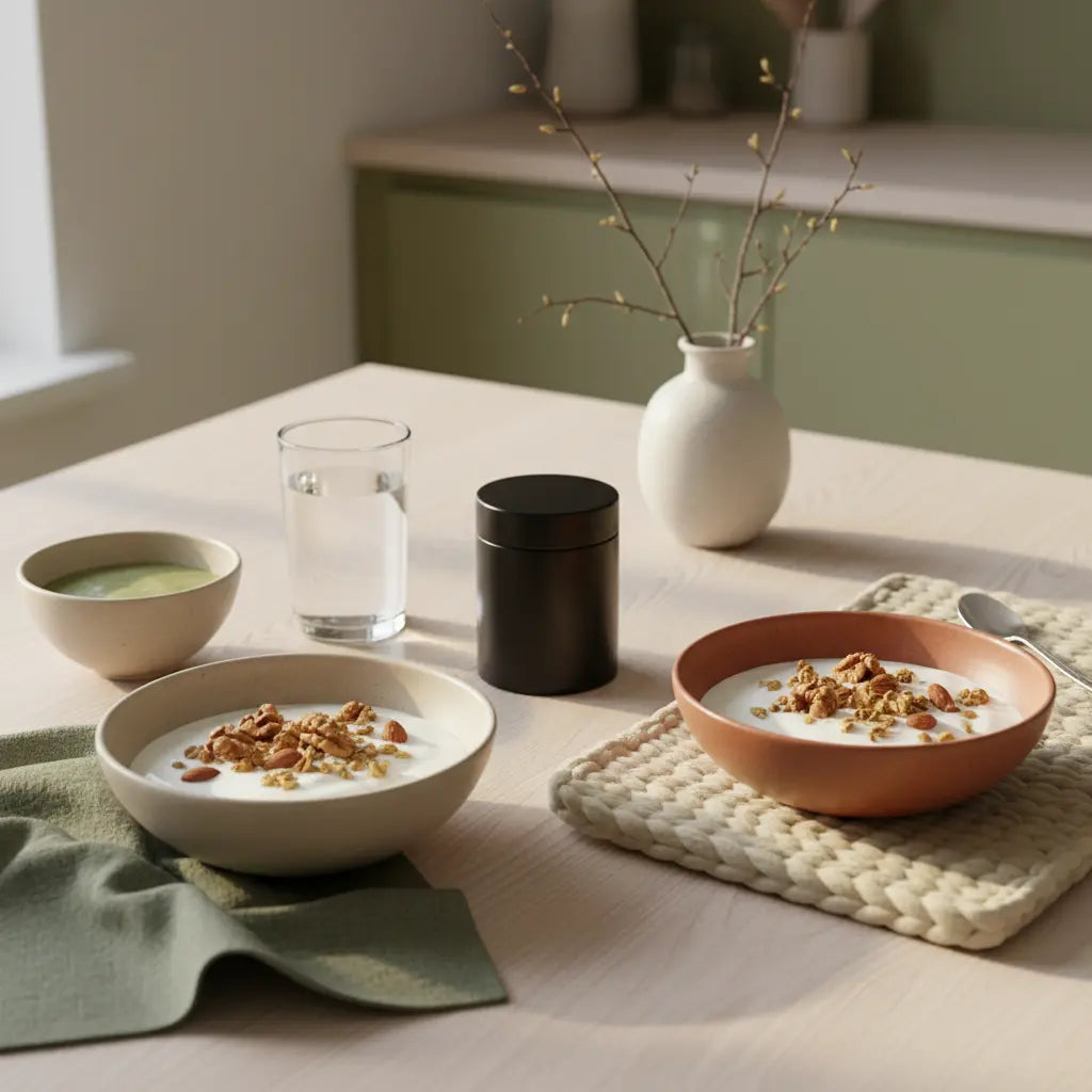 Minimalistisches Frühstück mit Granola, Joghurt, Nüssen, Shake und einem Vegardians-Produkt auf dem Tisch – Darmflora aufbauen