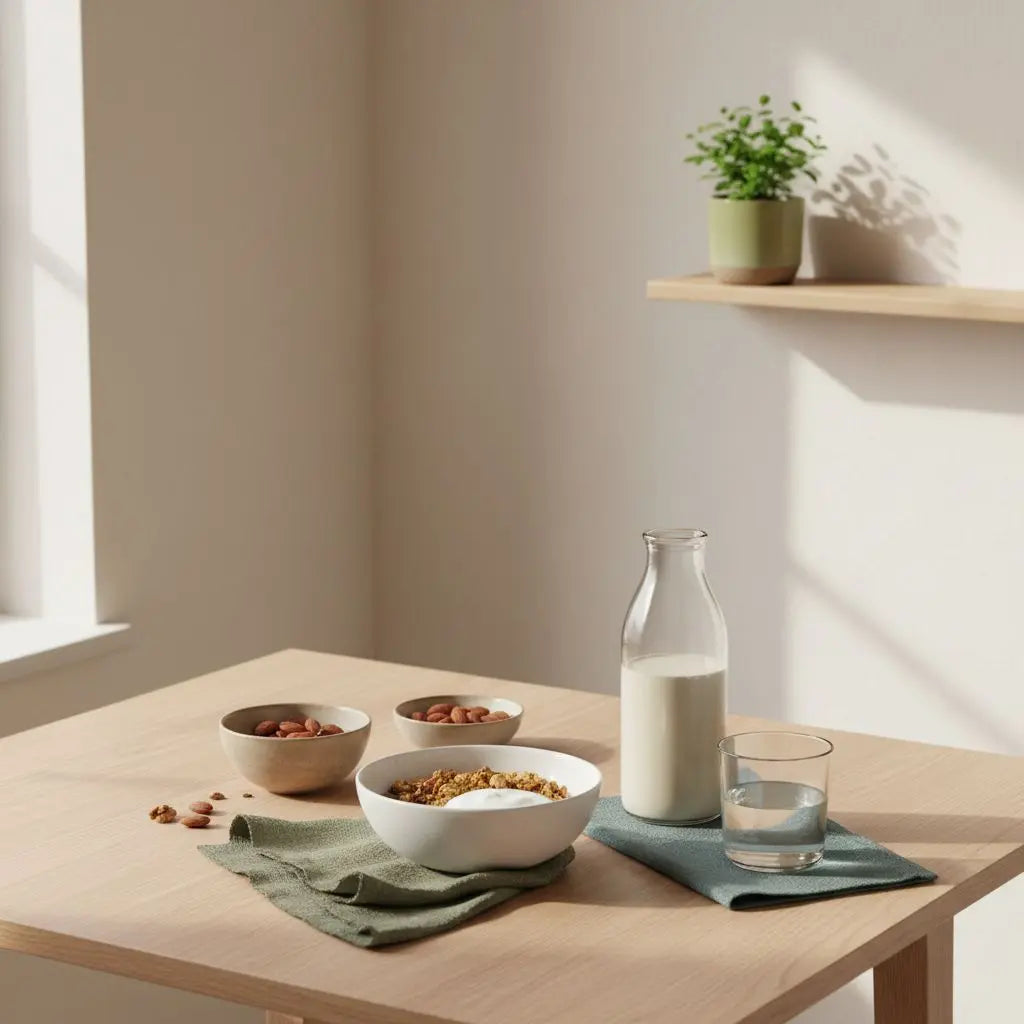 Minimalistisches veganes Frühstück mit Granola, pflanzlichem Joghurt, Nüssen und Shake in einer europäischen Küche bei sanftem Morgenlicht — Darmflora kaputt