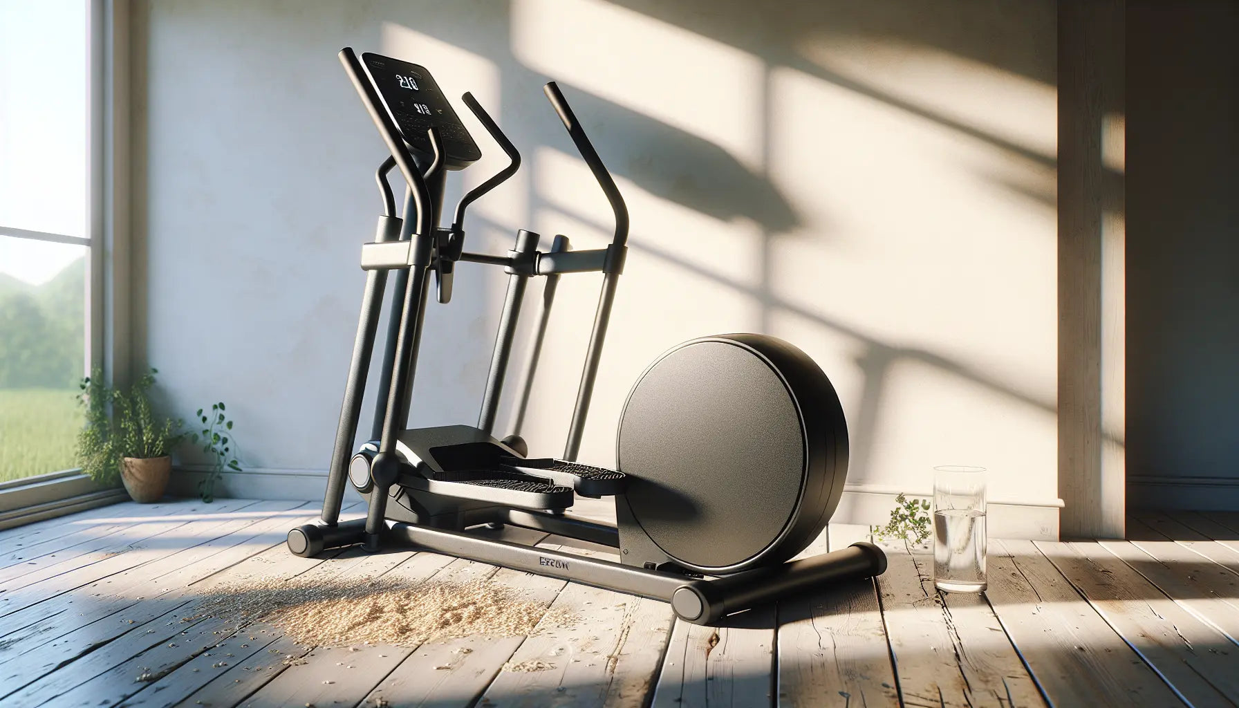 moderner schwarzer crosstrainer auf hellem holzboden im fitnessstudio mit wasser glas und pflanzenlicht