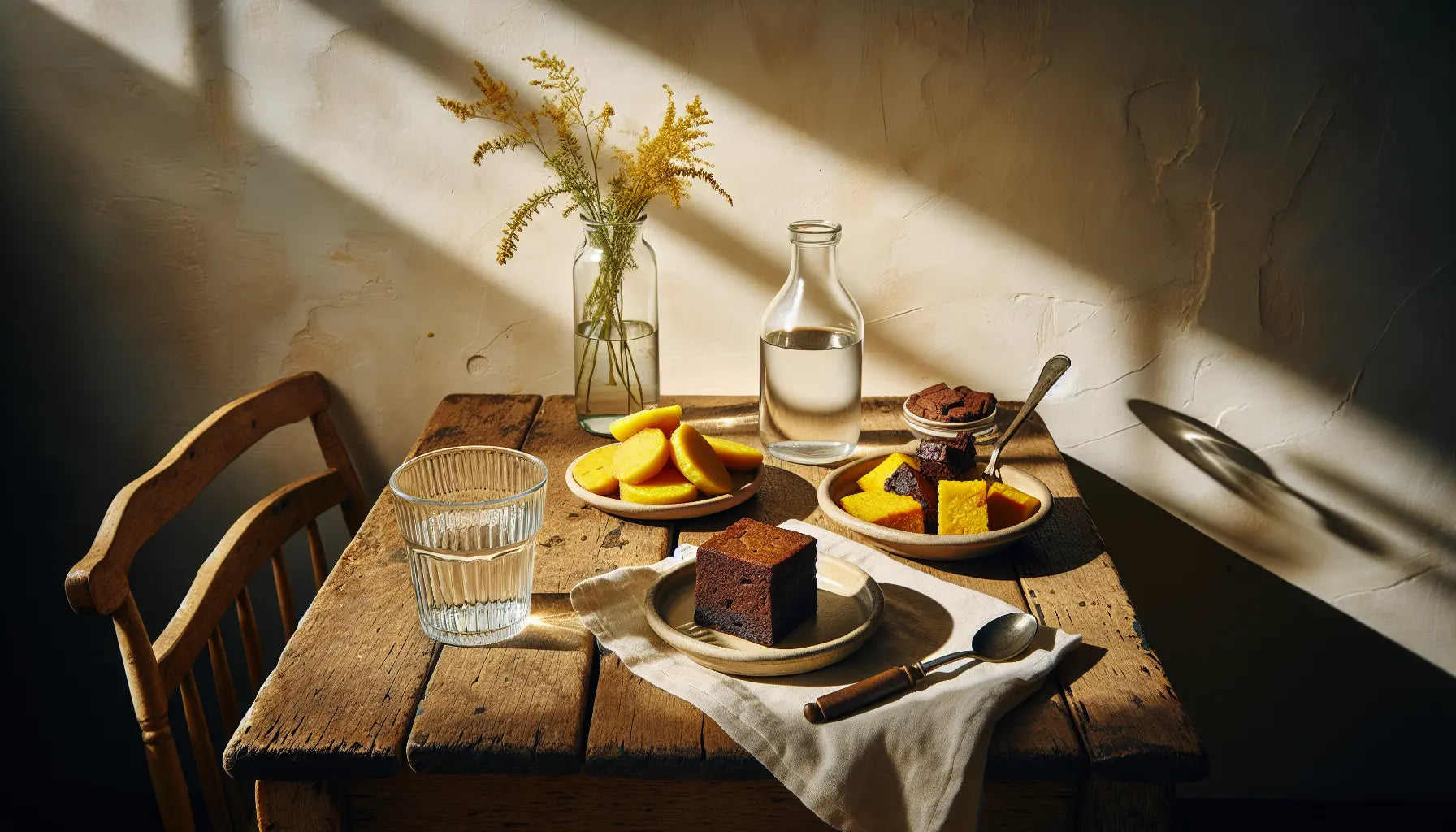 veganer braten polenta taler und brownies auf hellem holztisch mit glas wasser stoffserviette und kleinen kraeutern