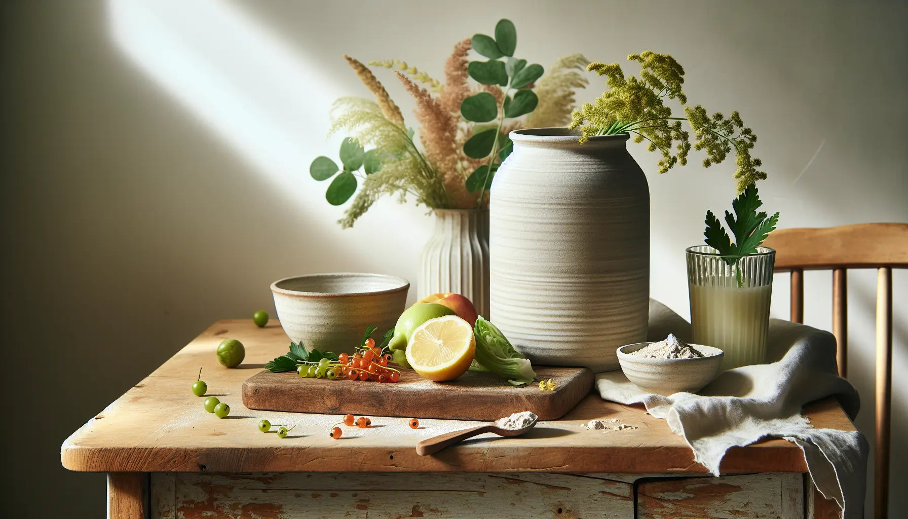 veganes proteinpulver steinzeugdose mit frischem obst gemuese birkenholztisch heller hintergrund entspannte morgendliche stimmung