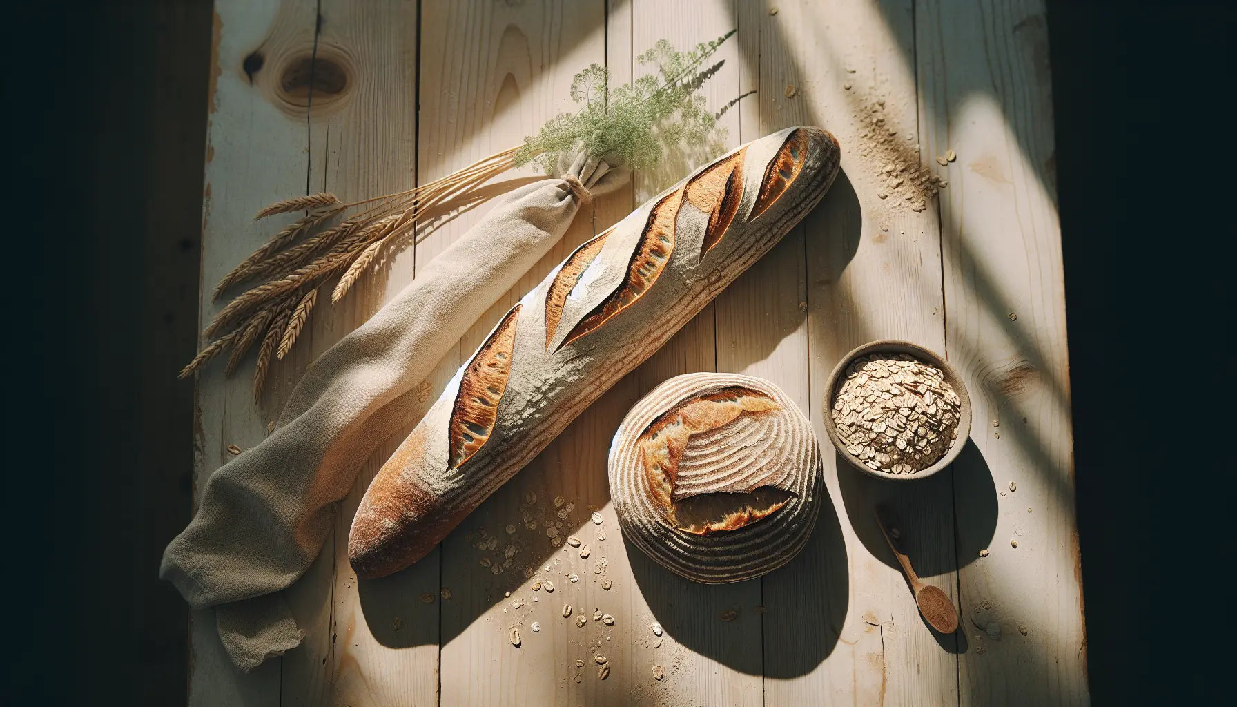 rustikales baguette und frisch gebackenes sauerteigbrot auf hellem holztisch mit sommerlichem hintergrund und sonnenlicht
