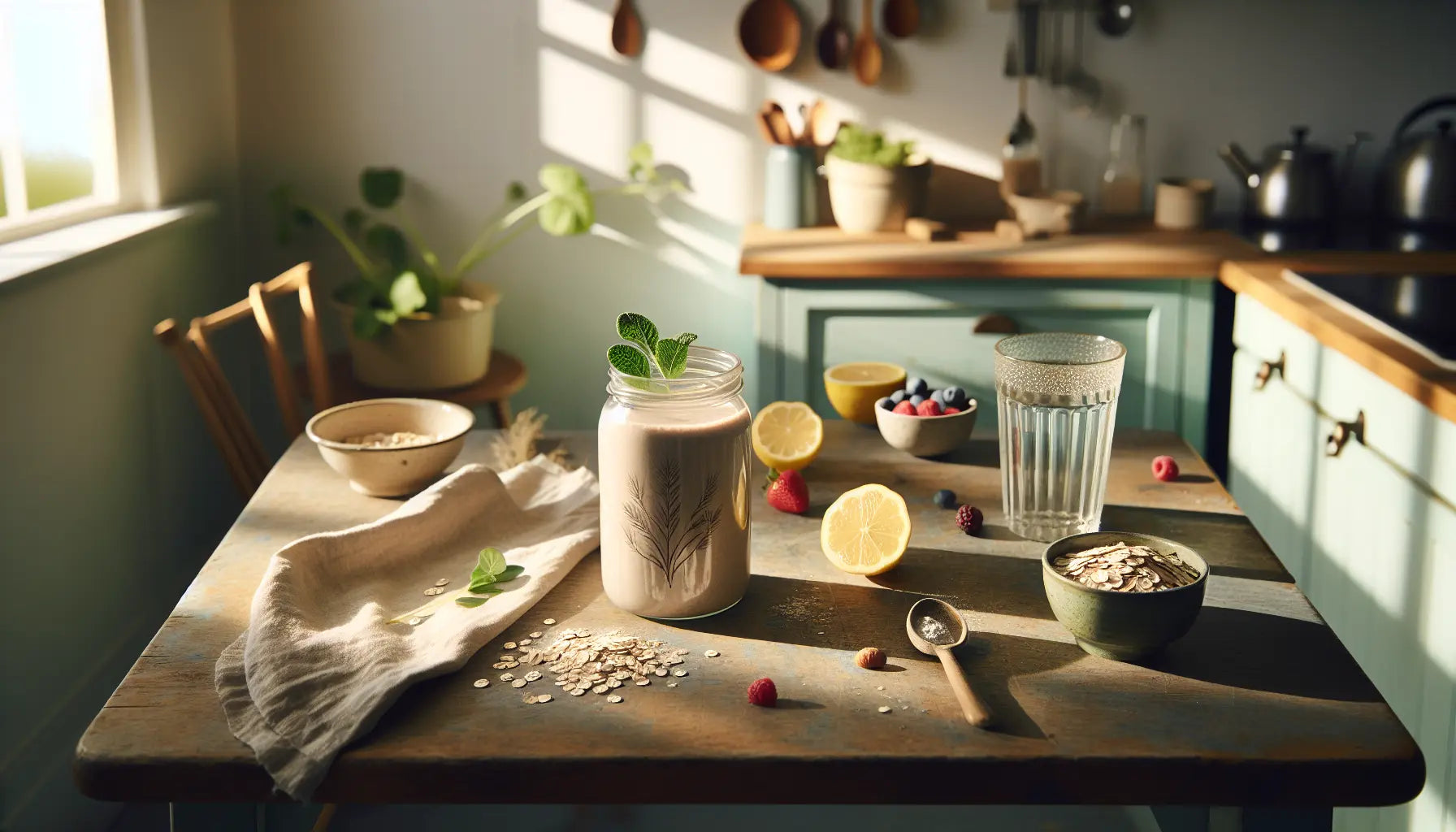 pflanzliche fitnessnahrung keramiktasse mit pulver umgeben von haferflocken zitrone beeren samen auf holzarbeitsflaeche in heller kueche