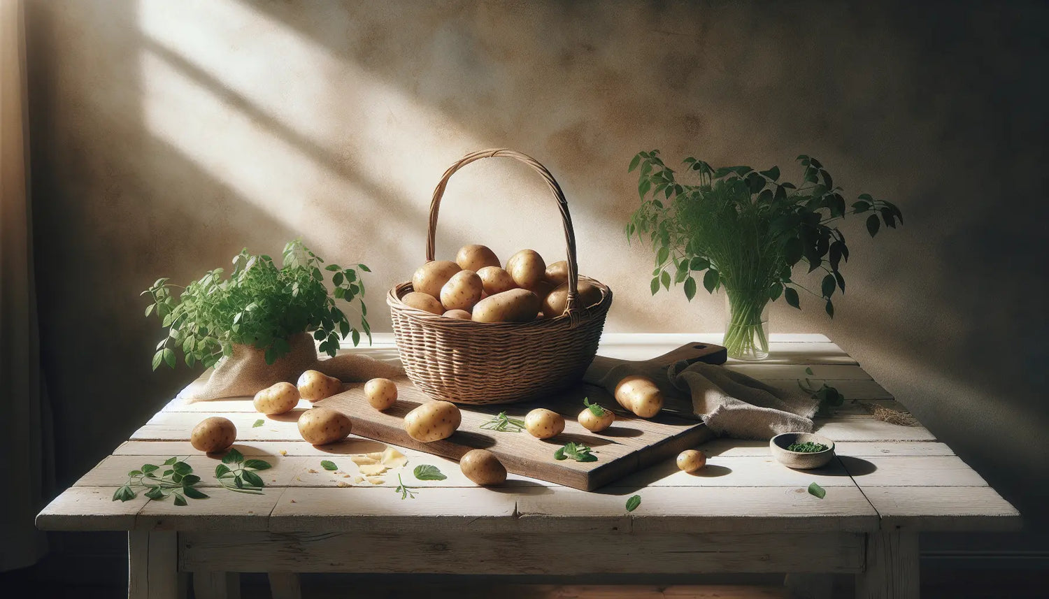 Rustikaler Korb mit Kartoffeln auf hellem Holztisch daneben frische grüne kraeuter natuere lagen lichtdurchflutet