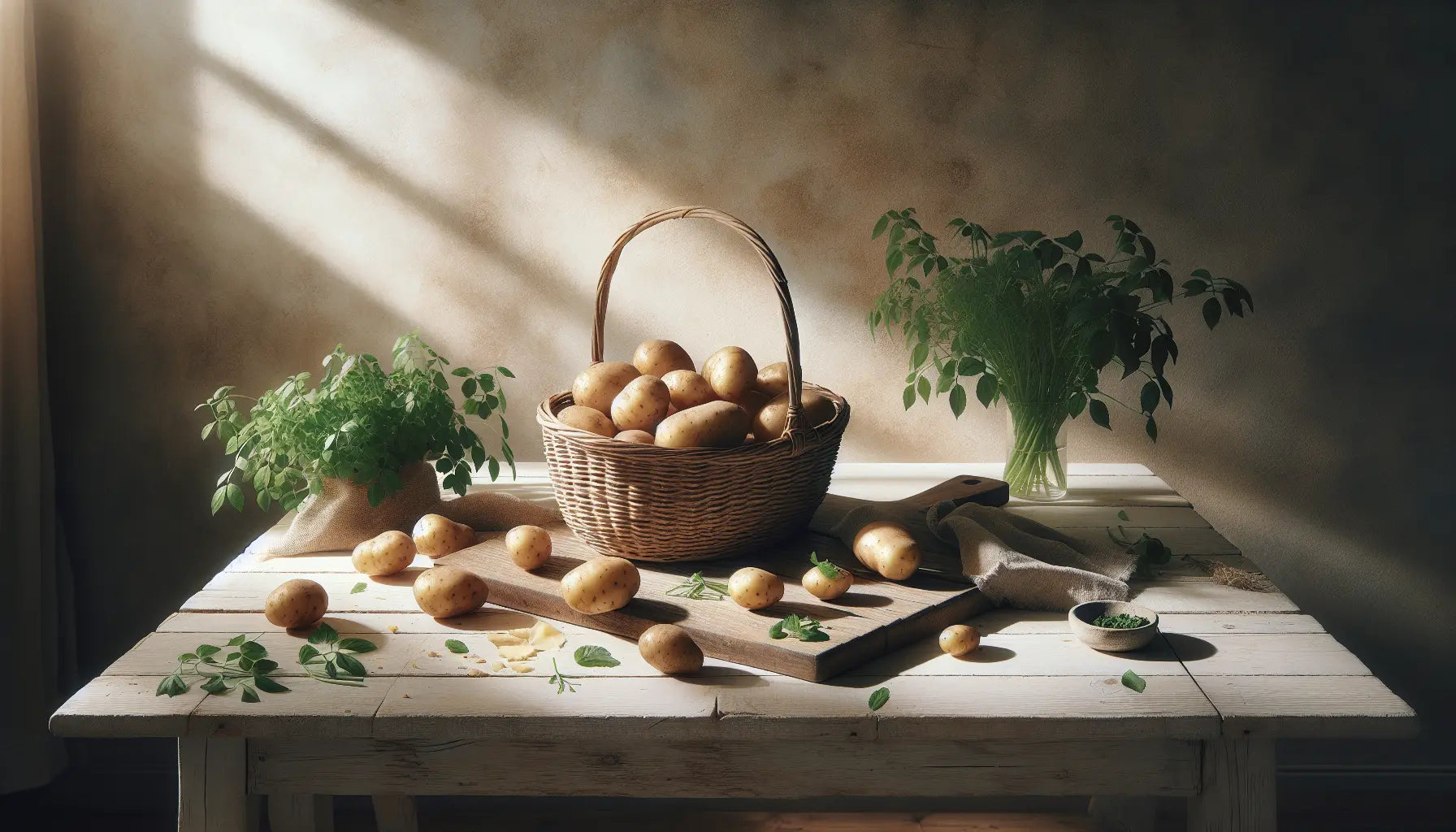 Rustikaler Korb mit Kartoffeln auf hellem Holztisch daneben frische grüne kraeuter natuere lagen lichtdurchflutet