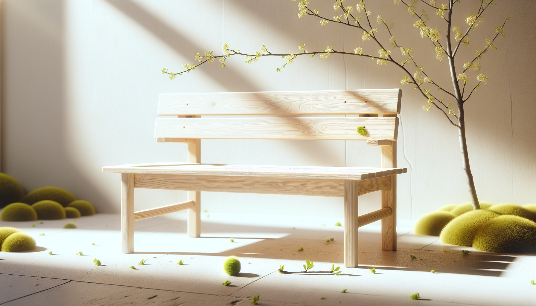 Parkbank aus hellem Holz mit frischen Knospen im fruehling ruhige Landschaft mit hellem Hintergrund und fruehlingstagen