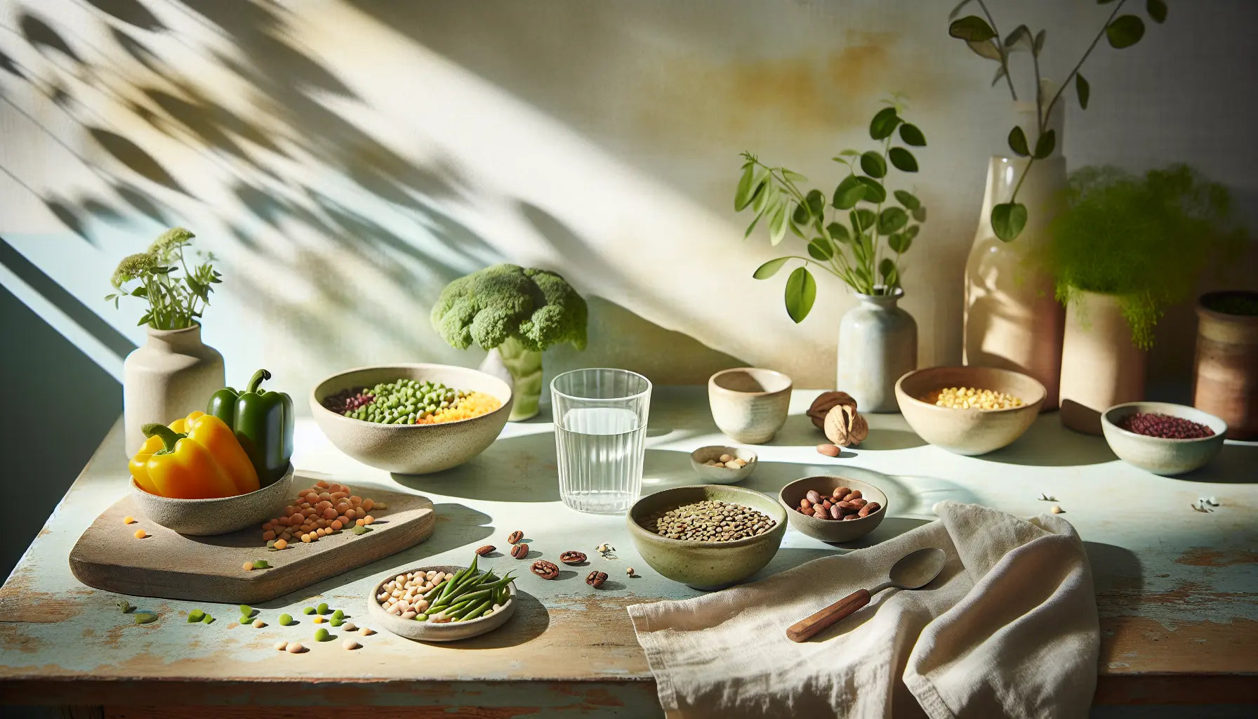 stillleben mit linsen bohnen gemuese nuessen auf rustikalem hellen holztisch mit sonnigem hintergrund und tageslicht