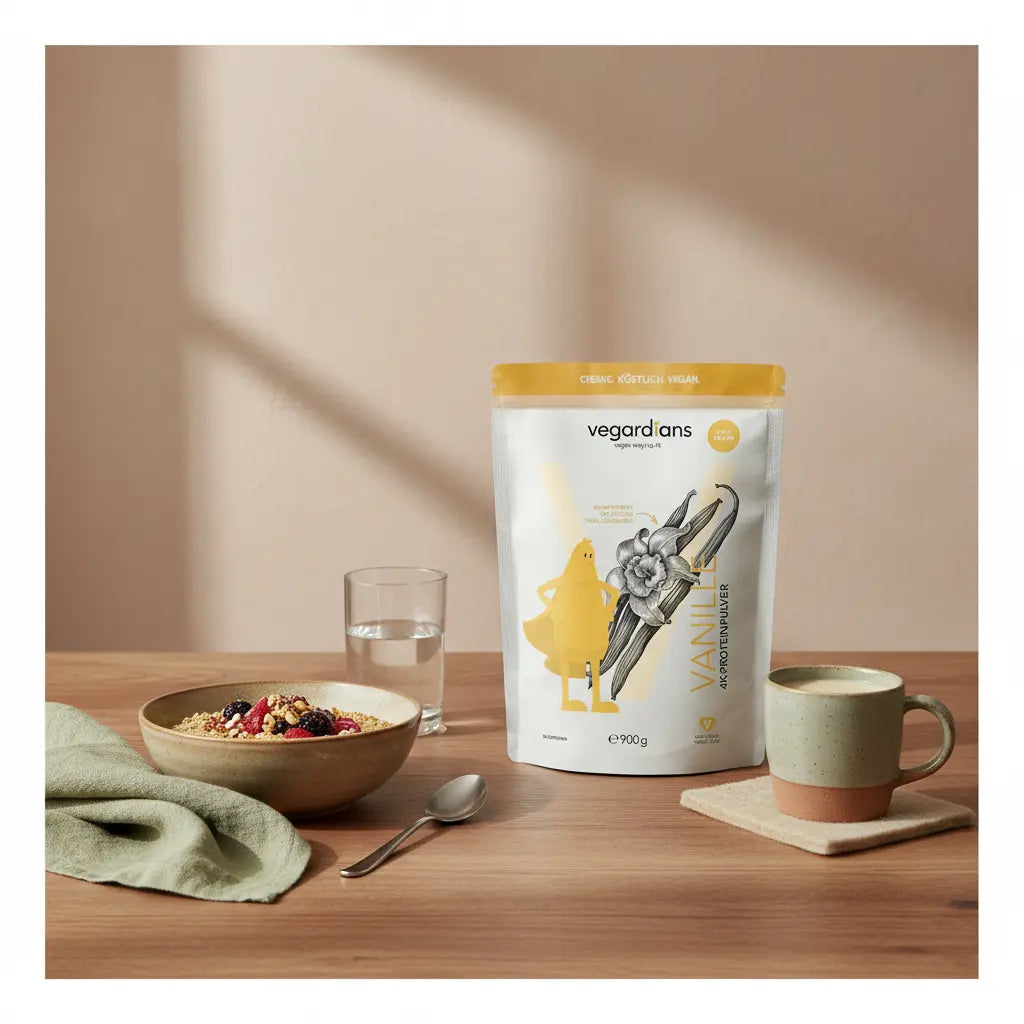 Minimalistische Küchenaufnahme mit veganer Porridge-Bowl, Glas Wasser und Keramiktasse-Proteinshake auf nachhaltigem Holztisch; ruhige Stimmung, dauerhaft abnehmen.