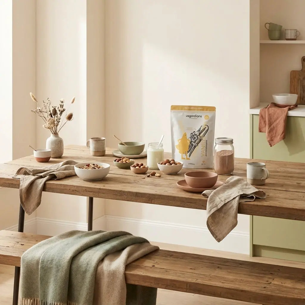 Minimalistisches nachhaltiges Frühstück mit Müsli, Joghurtalternative, Nüssen und Proteinshake auf Holztisch in warmem Morgenlicht, ruhige Materialität und vegane Zutaten — Diäten 2025.