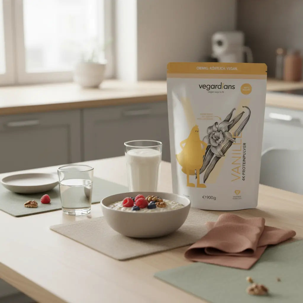 Minimalistische Morgenküche mit nachhaltigem Holztisch, Glas Wasser, Haferporridge, Beeren, Nüssen und pflanzlichem Shake – Diätplan-freundliche Szene.