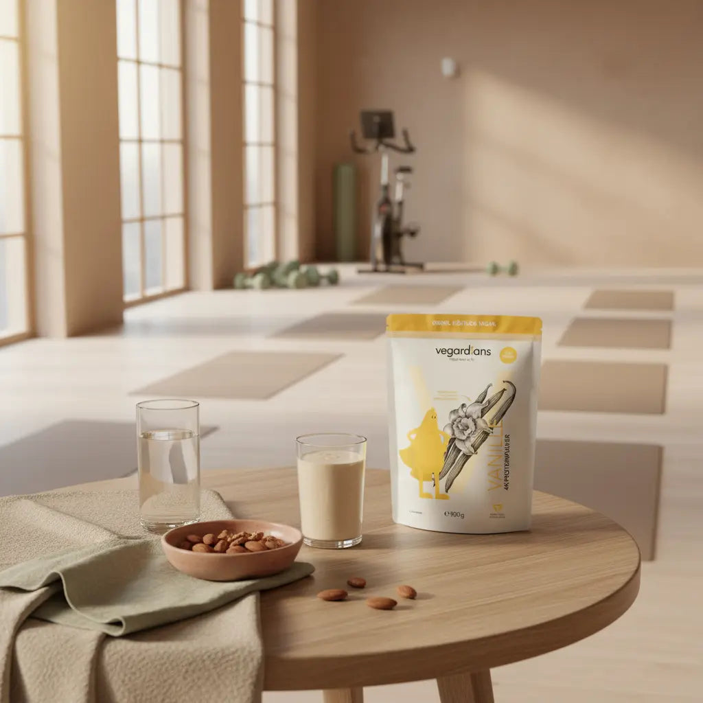 Heller Kursraum mit Yoga-Matten, Hanteln und Fahrradtrainer, vordergründig pflanzliche Erholungsmahlzeit – motivierende Szene für effektivste Fitnesskurse