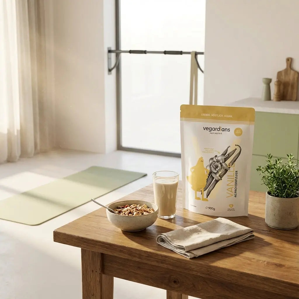 Minimalistische Morgenküche mit Müsli, Shake, Kräutertopf, Yogamatte und Klimmzugstange – Szene für eigengewichtstraining