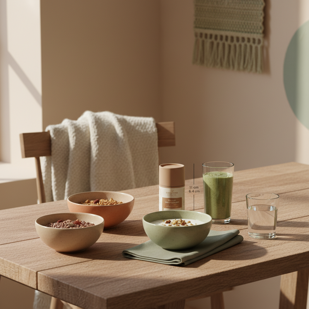 Morgendliches, minimalistisches veganes Frühstück mit Granola, pflanzlichem Joghurt, Nüssen und Shake in europäischer Küche – Eisenbedarf Veganer pro Tag