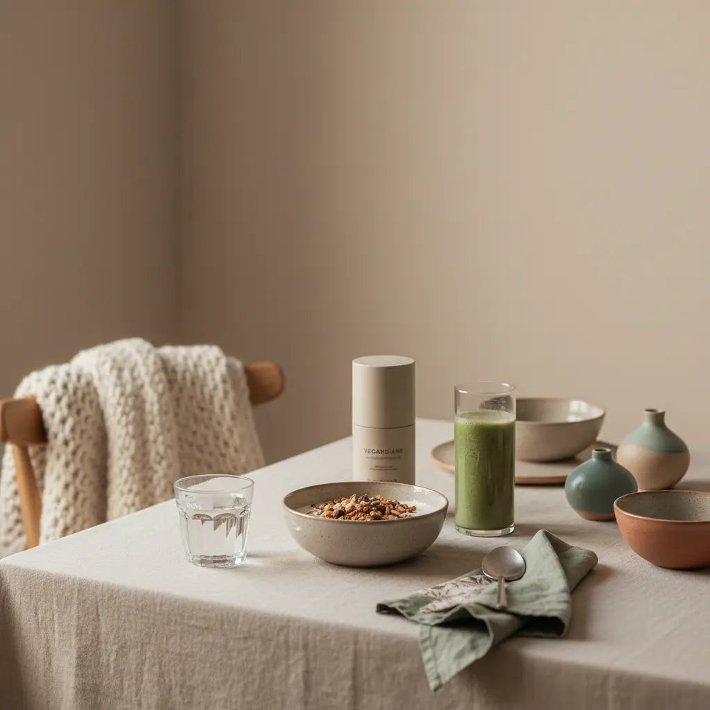 Veganes Frühstück in heller europäischer Küche mit Granola, Joghurt, Nüssen und Shake auf minimalistischem Tisch – nährende Szene, bewusstes Styling; eisenmangel symptome vegan