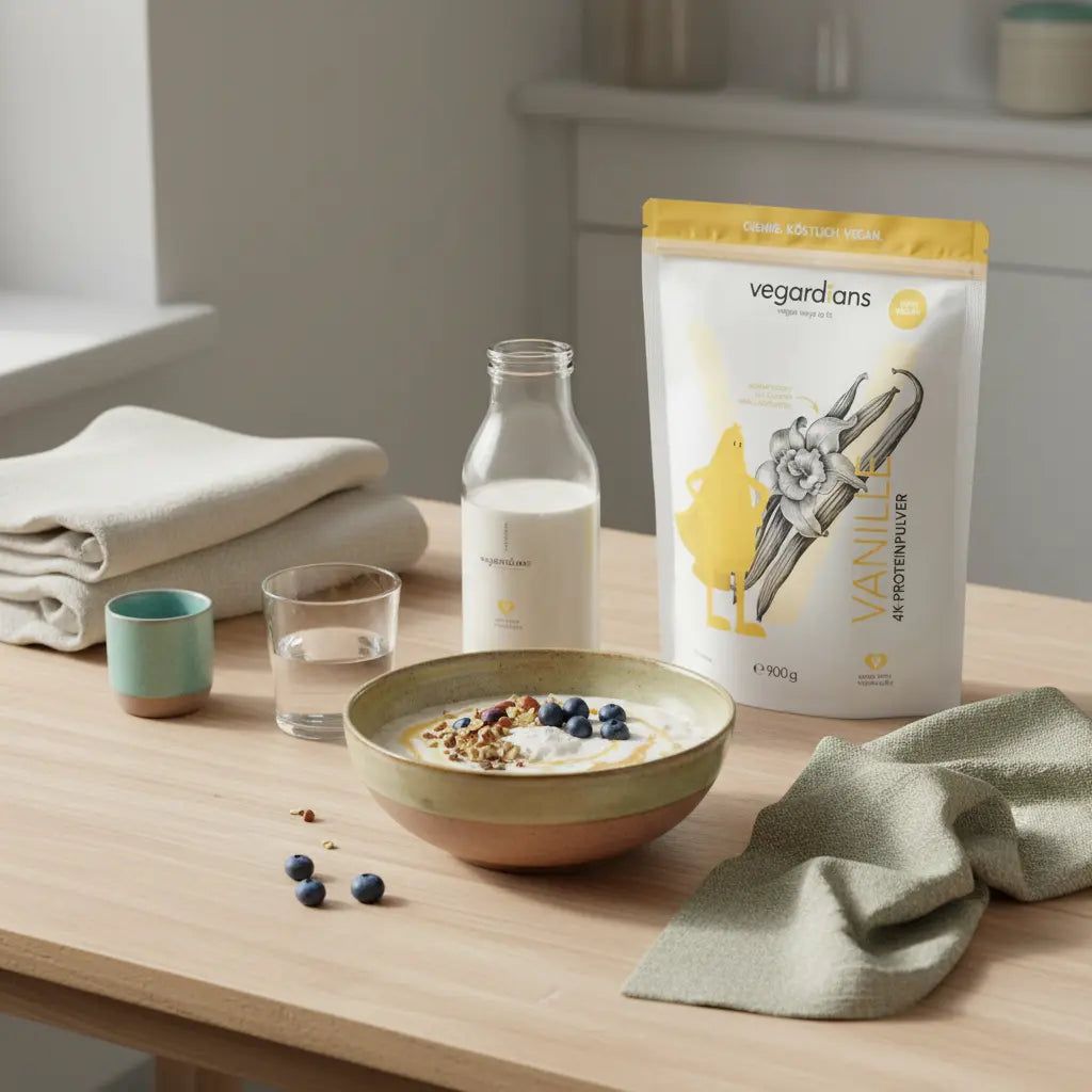 Minimalistische Küchenaufnahme mit veganem proteinreichen Porridge, Shake und Keramikschalen auf nachhaltigem Tisch im Morgenlicht – Eiweiß-Diät