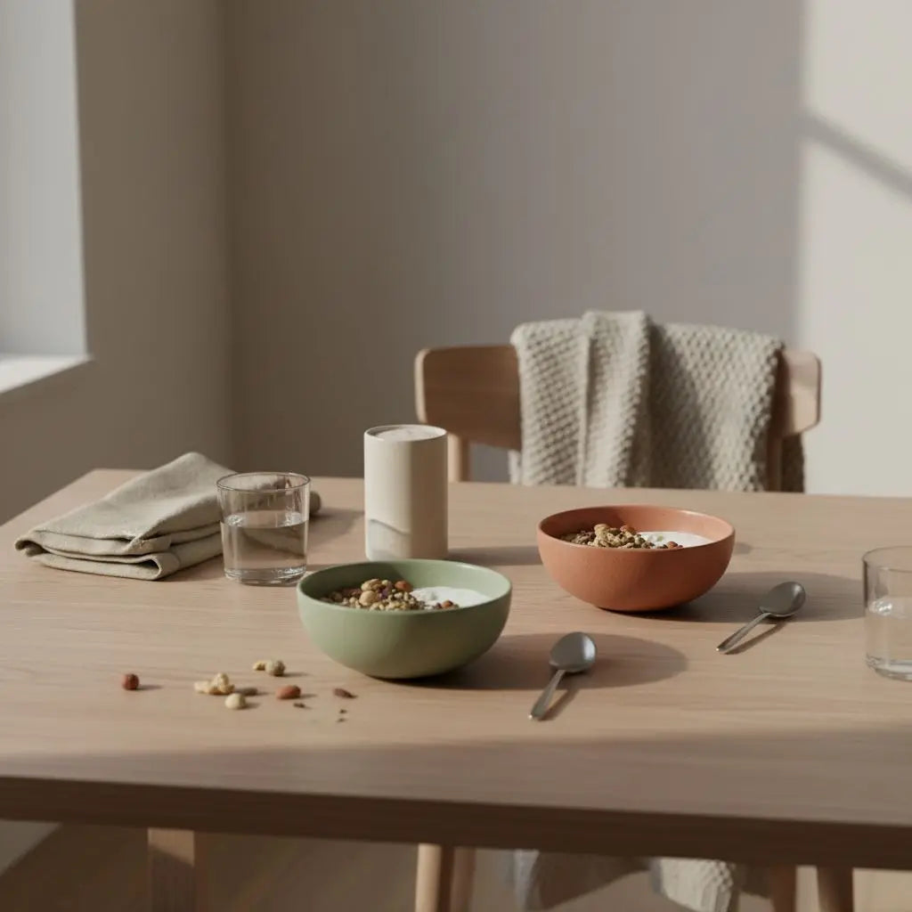 Vegane proteinreiche Frühstücksszene auf Holztisch im sanften Morgenlicht mit Müsli, Sojajoghurt, Nüssen, Shake und Wasserglas – eiweiß-diät.