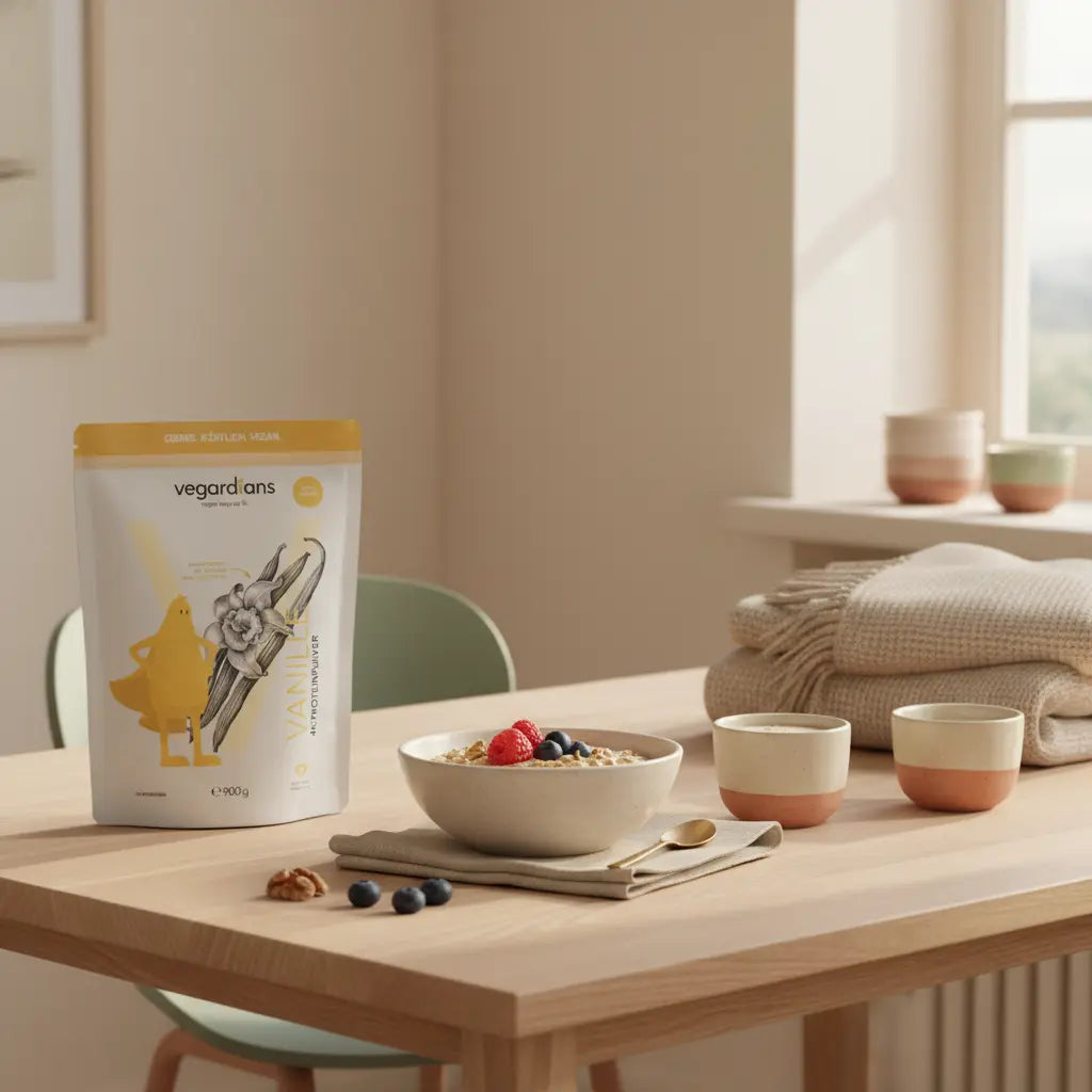 Minimalistische Frühstücksszene mit veganem Haferbrei, Beeren, Nüssen und Proteinshake auf nachhaltigem Holztisch zur Unterstützung von Eiweiß Muskelaufbau