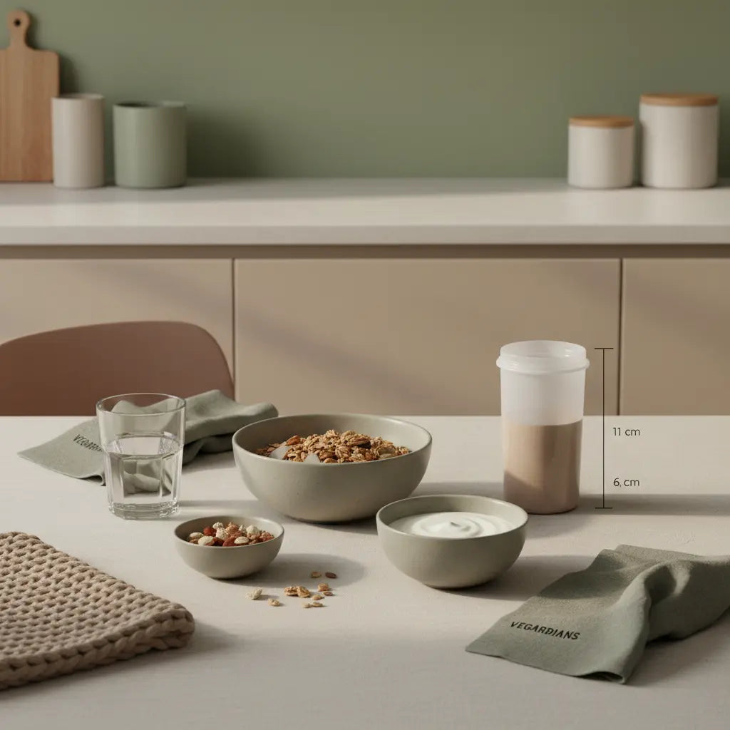 Minimalistisches veganes Frühstück in europäischer Küche mit Granola, pflanzlichem Joghurt, Nüssen und Proteinshake auf nachhaltigem Tisch in Brandfarben — eiweiß ohne fett.