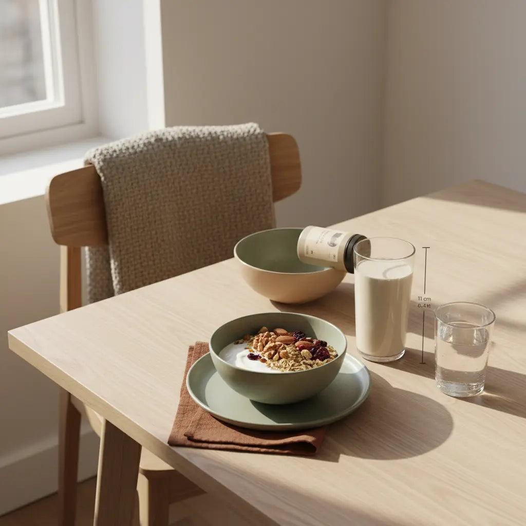 Vegan proteinreiches Frühstück mit Müsli, pflanzlichem Joghurt, Nüssen und Shake auf nachhaltigem Holztisch im sanften Morgenlicht – eiweiß zum abnehmen