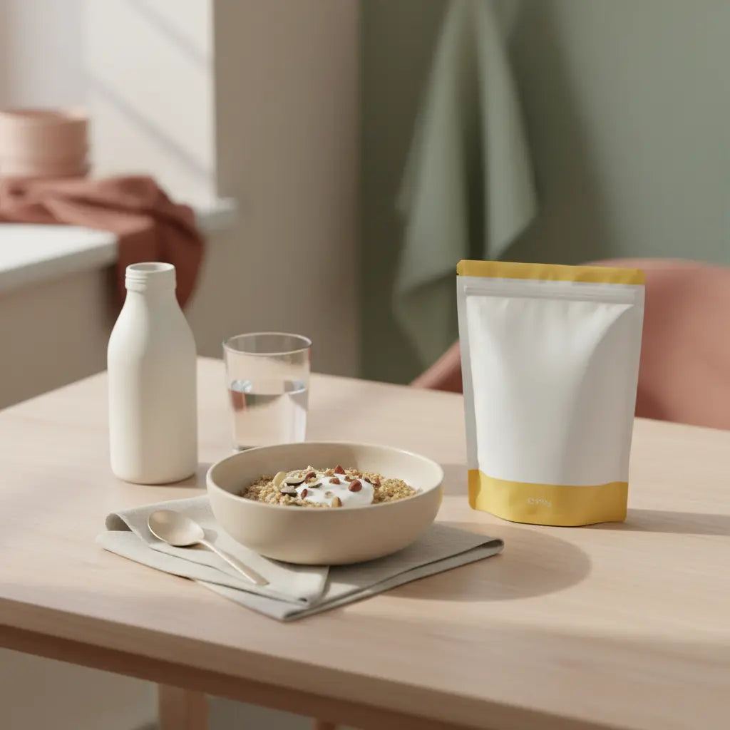 Realistische Küchenszene mit veganer Mahlzeit (Hafer, Joghurt, Nüsse, Shake) und dem Produkt aus den Referenzfotos – Eiweißbedarf Muskelaufbau in sanftem Morgenlicht.