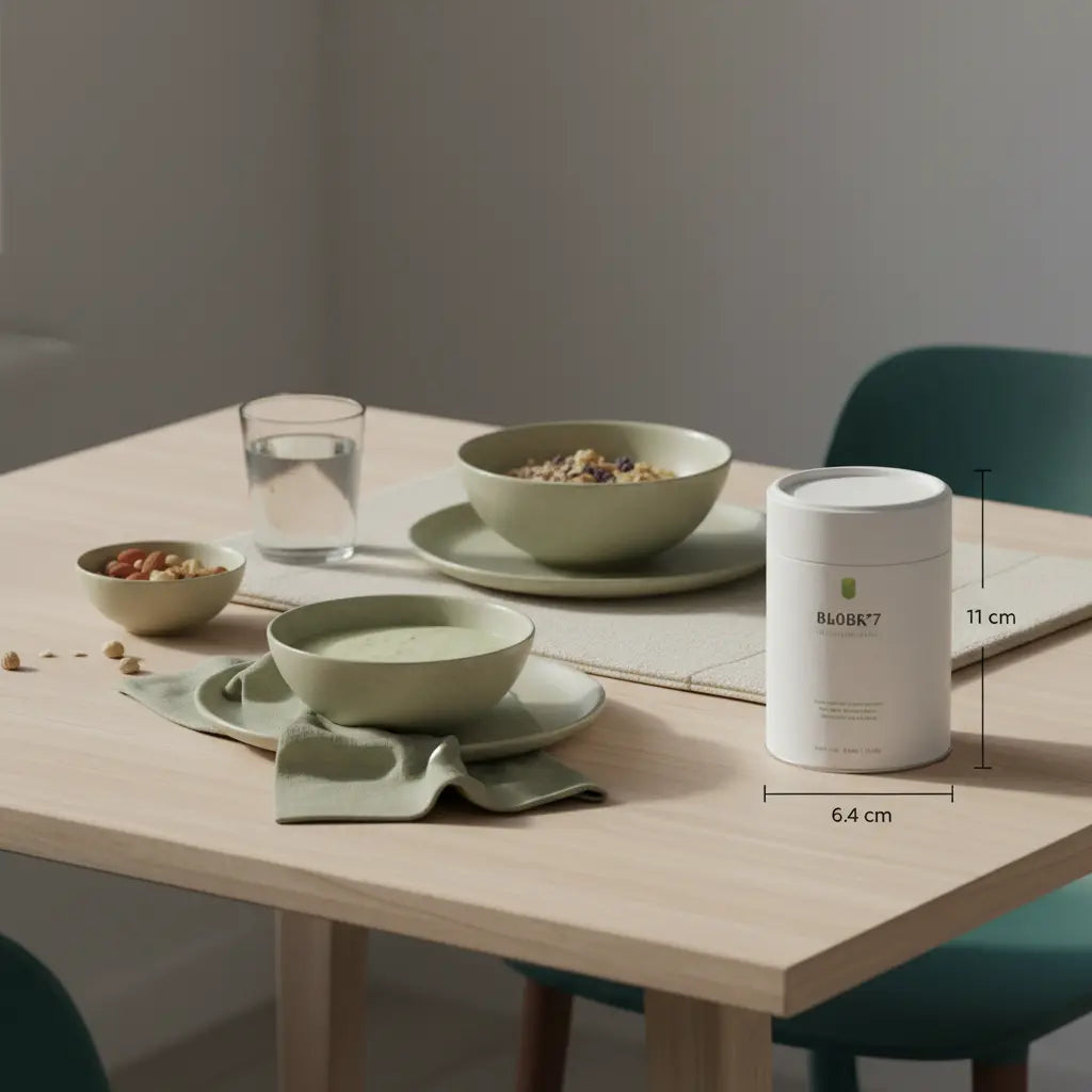 Minimalistische Morgenaufnahme in europäischer Küche mit Müsli, Nüssen, veganem Shake und dem Produkt aus den Referenzfotos – eiweißpulver abnehmen.