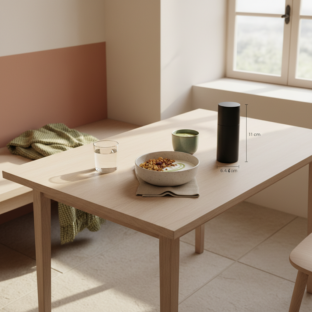 Minimalistisches veganes Frühstück mit Granola, Joghurt, Nüssen und Shake auf nachhaltigem Tisch vor #F7EDE6 Hintergrund; Produkt aus Referenzfotos, eiweißreiches Gemüse