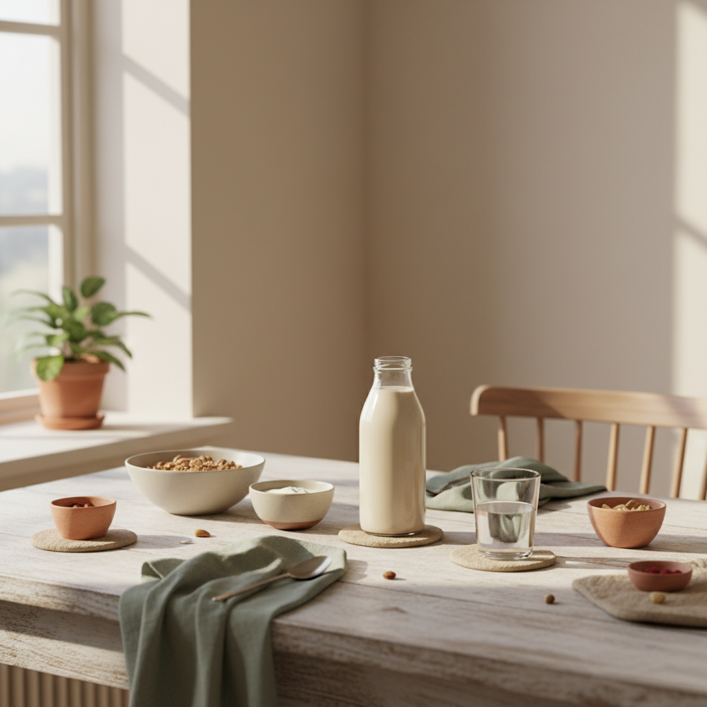 Veganer Frühstückstisch mit Granola, Joghurt, Nüssen, Protein-Shake und eiweißreiches obst in einem minimalistischen, warm-beigen Küchen-Setting.