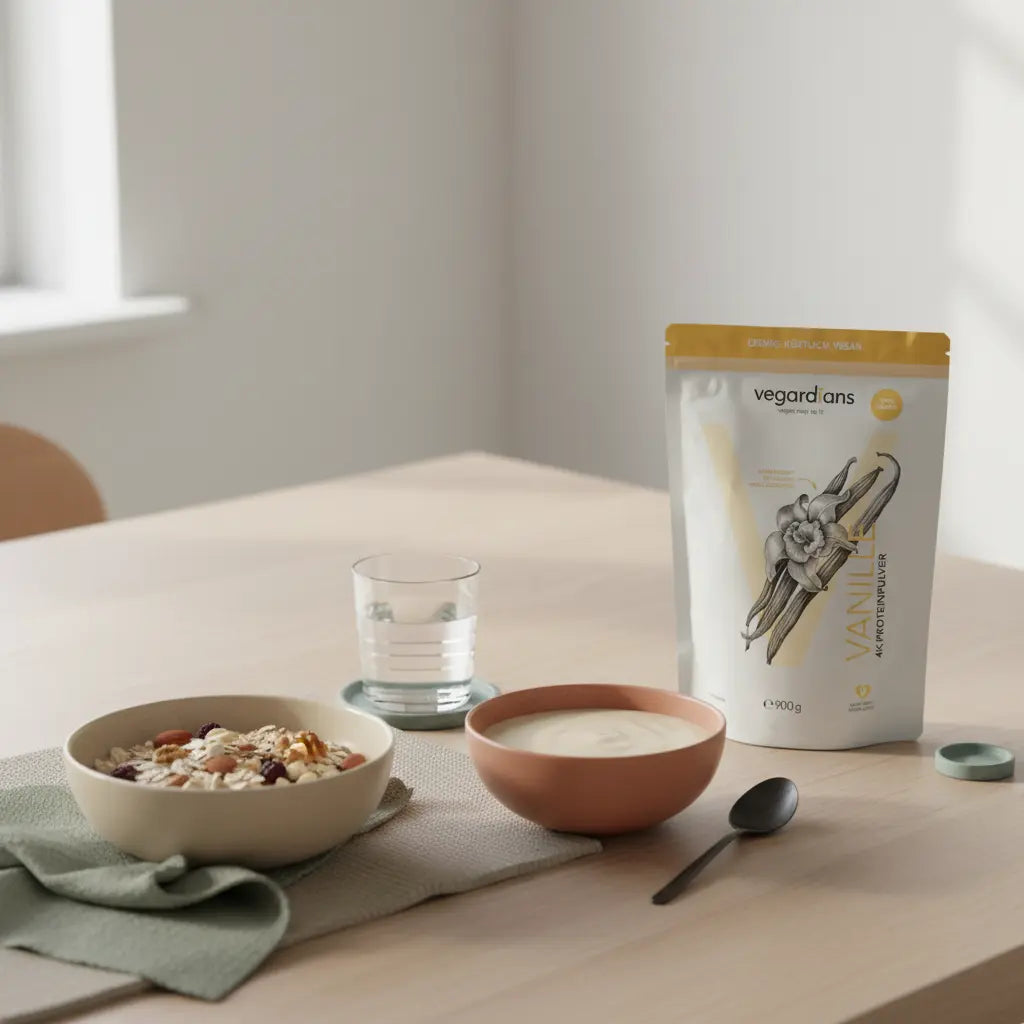 Minimalistisches Morgenbild: Holztisch mit Glas Wasser, Müsli und cremigem Eiweißshake, Keramikschalen, Leinenserviette und sanfte Vegardians-Farbwelt.