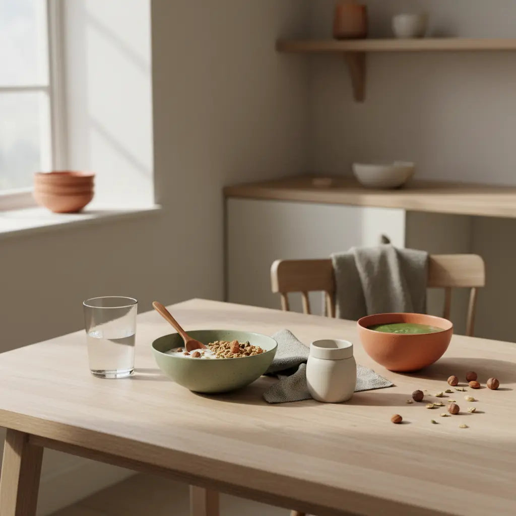 Ernährung bei Niereninsuffizienz: ruhiges Frühstück in europäischer Küche mit nierenfreundlichem veganem Granola, Joghurt, Nüssen und Trinkglas auf nachhaltigem Tisch.