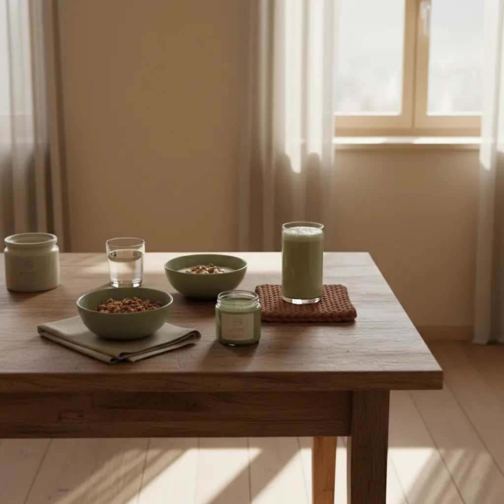 Minimalistisches Frühstück mit Granola, Joghurt, Nüssen und Shake in einer europäischen Küche bei weichem Morgenlicht – Szene zeigt Ernährung ohne Öl, Vegardians-Farben.