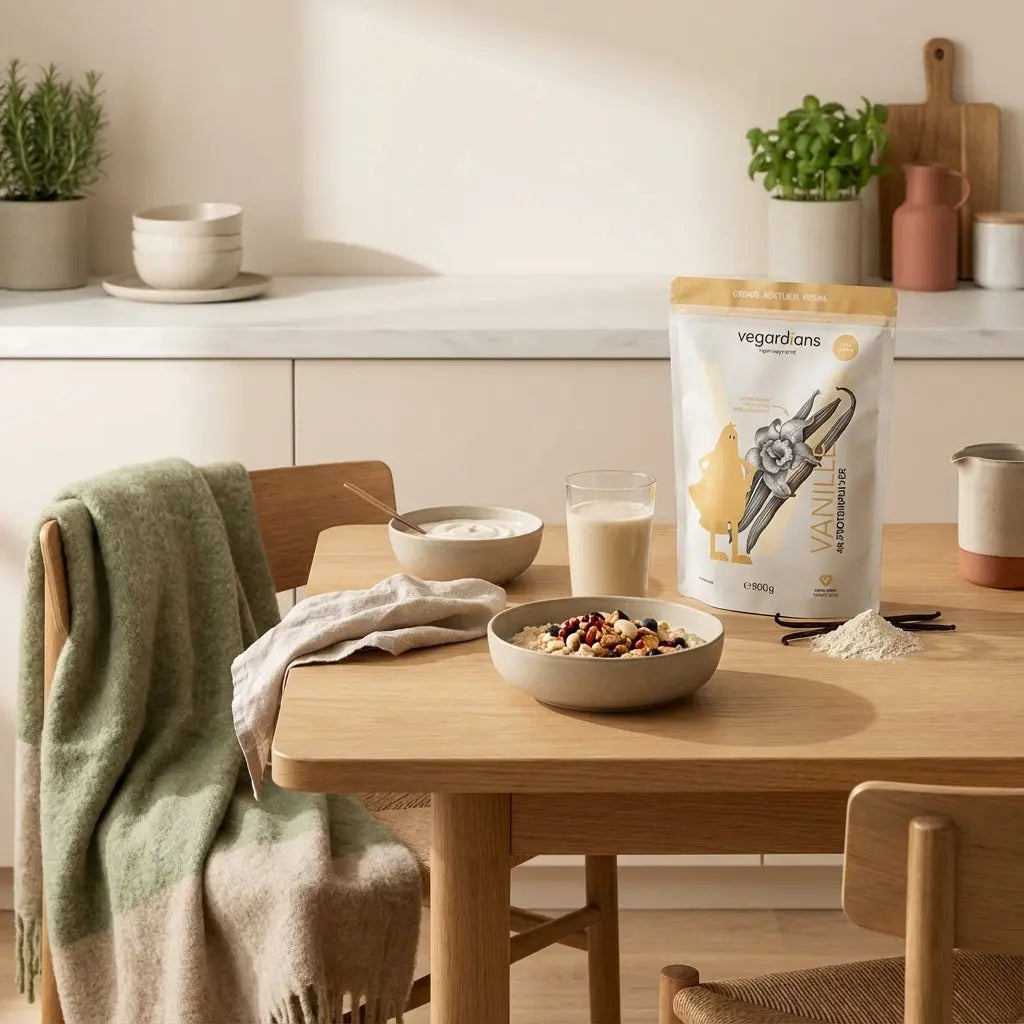 Ernährung vs Sport abnehmen: Minimalistische europäische Küchenaufnahme mit nachhaltigem Holztisch, veganem Haferbrei, Joghurt-Alternative, Nüssen und neutralem Proteinshake, morgens.