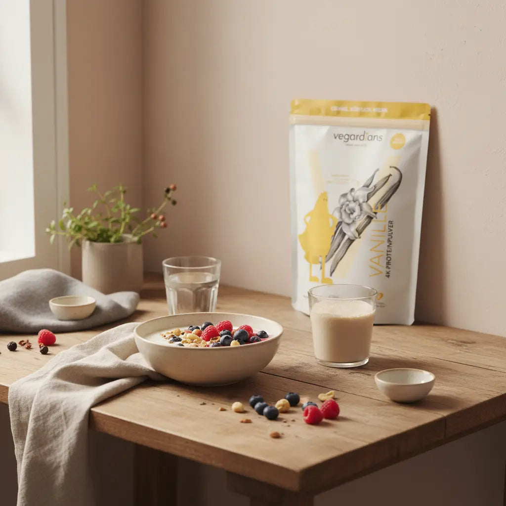 Minimalistische Morgenszene: Hafer-Joghurt mit Nüssen und Beeren, neutrales Proteinshake und nachhaltiger Holztisch – ideal zum Ernährungsplan erstellen.