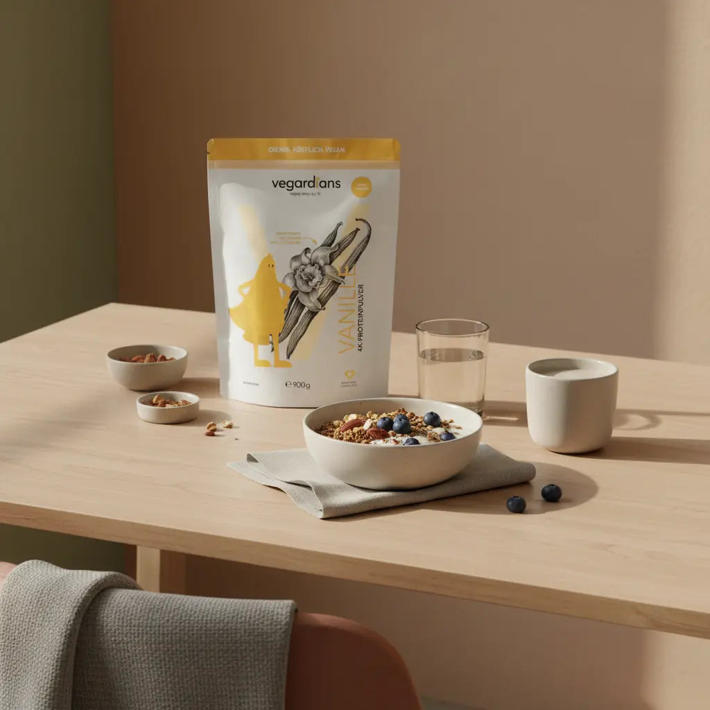 Minimalistische europäische Frühstücksszene mit veganer Protein-Bowl, Glas Wasser, neutralem Shake und Vegardians-Produkt auf Holztisch – Ernährungsplan Muskelaufbau